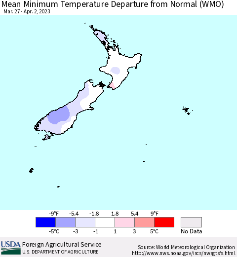 New Zealand Mean Minimum Temperature Departure from Normal (WMO) Thematic Map For 3/27/2023 - 4/2/2023