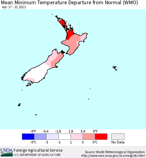 New Zealand Mean Minimum Temperature Departure from Normal (WMO) Thematic Map For 4/17/2023 - 4/23/2023