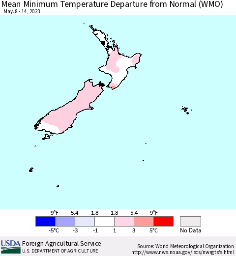 New Zealand Mean Minimum Temperature Departure from Normal (WMO) Thematic Map For 5/8/2023 - 5/14/2023