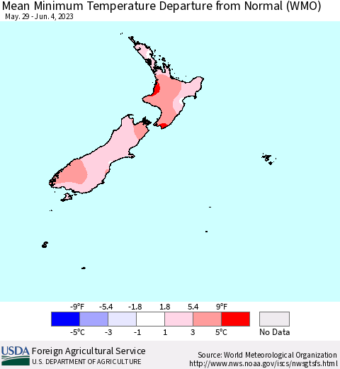 New Zealand Mean Minimum Temperature Departure from Normal (WMO) Thematic Map For 5/29/2023 - 6/4/2023
