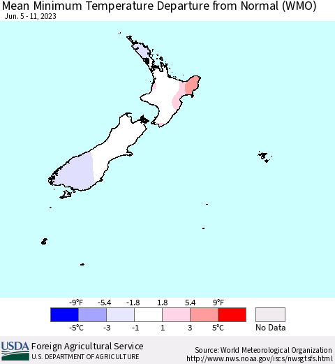 New Zealand Mean Minimum Temperature Departure from Normal (WMO) Thematic Map For 6/5/2023 - 6/11/2023