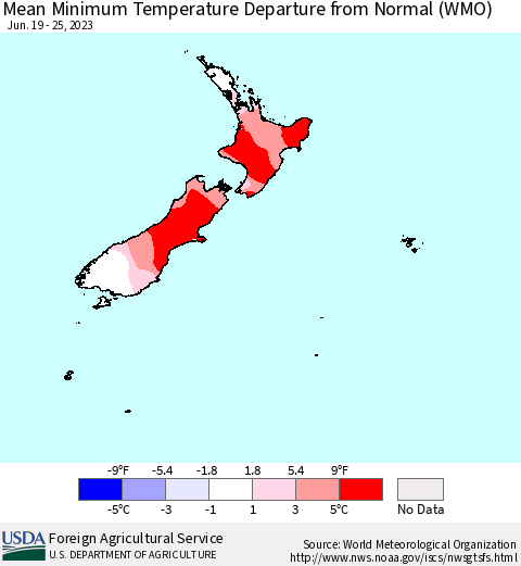 New Zealand Mean Minimum Temperature Departure from Normal (WMO) Thematic Map For 6/19/2023 - 6/25/2023