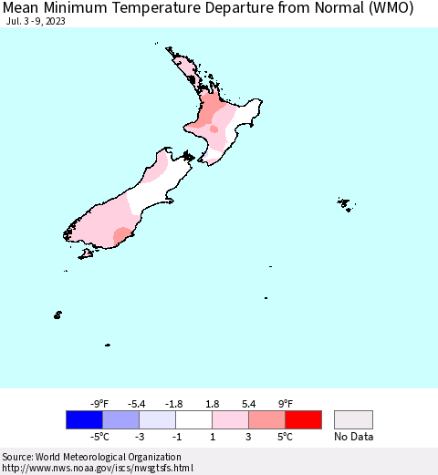 New Zealand Mean Minimum Temperature Departure from Normal (WMO) Thematic Map For 7/3/2023 - 7/9/2023