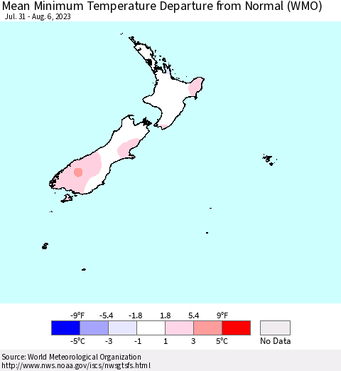 New Zealand Mean Minimum Temperature Departure from Normal (WMO) Thematic Map For 7/31/2023 - 8/6/2023