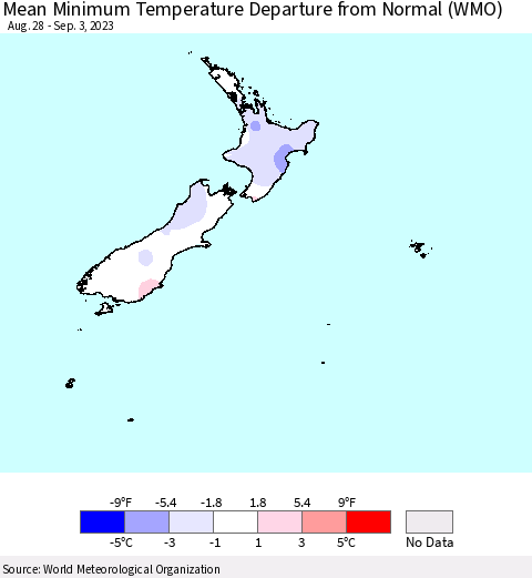 New Zealand Mean Minimum Temperature Departure from Normal (WMO) Thematic Map For 8/28/2023 - 9/3/2023
