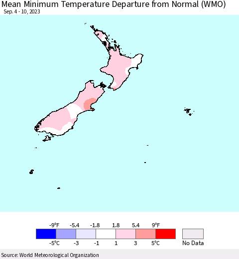 New Zealand Mean Minimum Temperature Departure from Normal (WMO) Thematic Map For 9/4/2023 - 9/10/2023