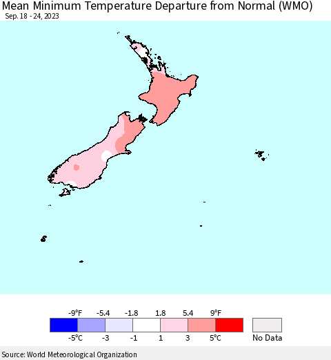 New Zealand Mean Minimum Temperature Departure from Normal (WMO) Thematic Map For 9/18/2023 - 9/24/2023