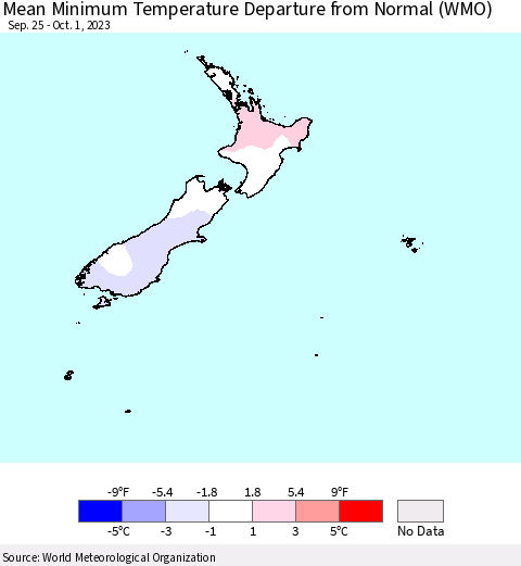 New Zealand Mean Minimum Temperature Departure from Normal (WMO) Thematic Map For 9/25/2023 - 10/1/2023