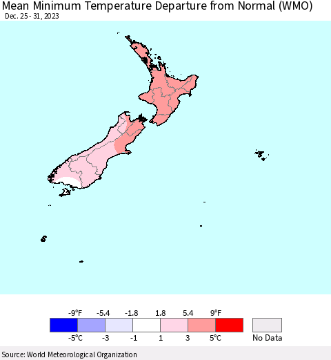 New Zealand Mean Minimum Temperature Departure from Normal (WMO) Thematic Map For 12/25/2023 - 12/31/2023