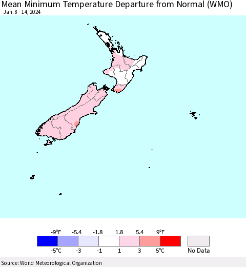 New Zealand Mean Minimum Temperature Departure from Normal (WMO) Thematic Map For 1/8/2024 - 1/14/2024