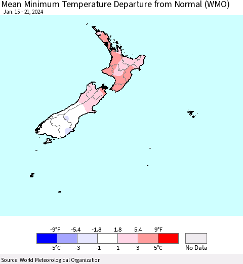 New Zealand Mean Minimum Temperature Departure from Normal (WMO) Thematic Map For 1/15/2024 - 1/21/2024