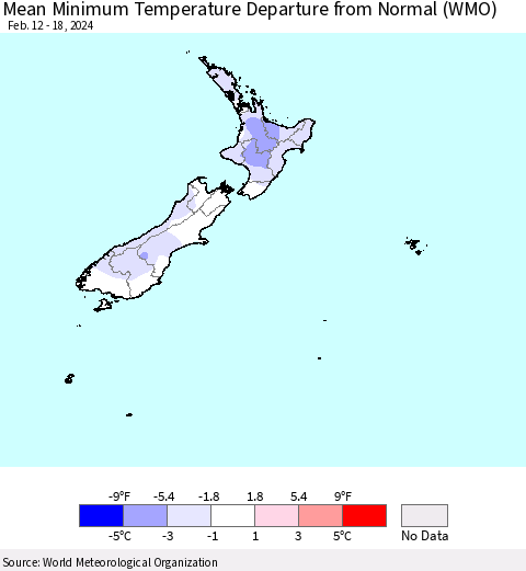New Zealand Mean Minimum Temperature Departure from Normal (WMO) Thematic Map For 2/12/2024 - 2/18/2024