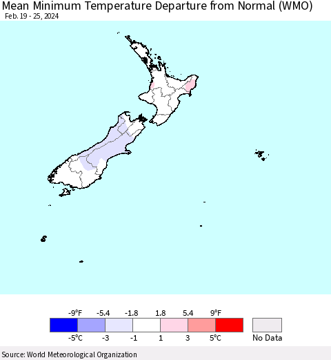 New Zealand Mean Minimum Temperature Departure from Normal (WMO) Thematic Map For 2/19/2024 - 2/25/2024