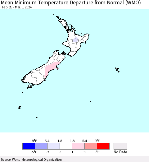 New Zealand Mean Minimum Temperature Departure from Normal (WMO) Thematic Map For 2/26/2024 - 3/3/2024