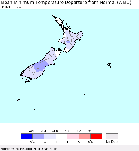 New Zealand Mean Minimum Temperature Departure from Normal (WMO) Thematic Map For 3/4/2024 - 3/10/2024