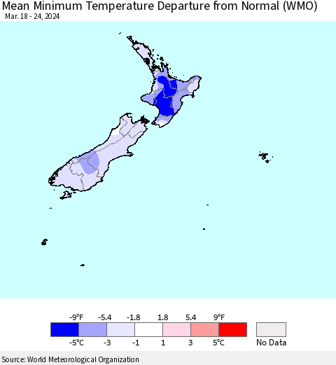 New Zealand Mean Minimum Temperature Departure from Normal (WMO) Thematic Map For 3/18/2024 - 3/24/2024