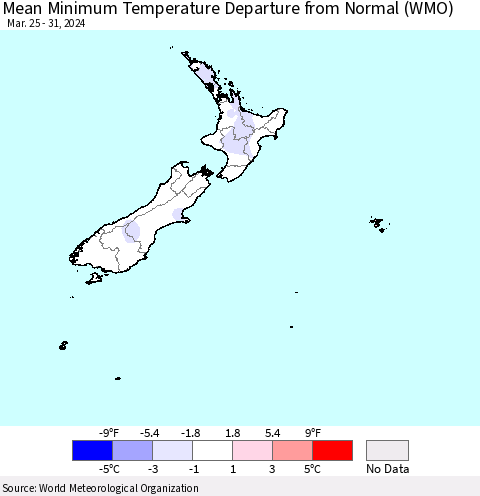 New Zealand Mean Minimum Temperature Departure from Normal (WMO) Thematic Map For 3/25/2024 - 3/31/2024