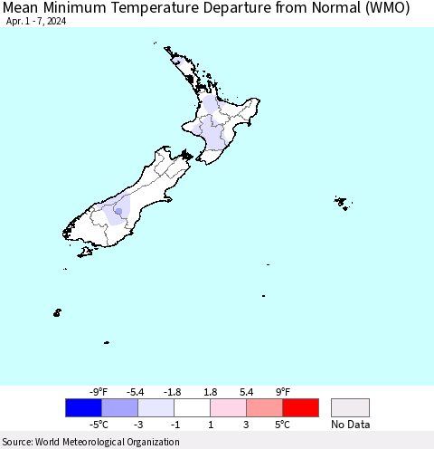 New Zealand Mean Minimum Temperature Departure from Normal (WMO) Thematic Map For 4/1/2024 - 4/7/2024