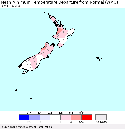 New Zealand Mean Minimum Temperature Departure from Normal (WMO) Thematic Map For 4/8/2024 - 4/14/2024