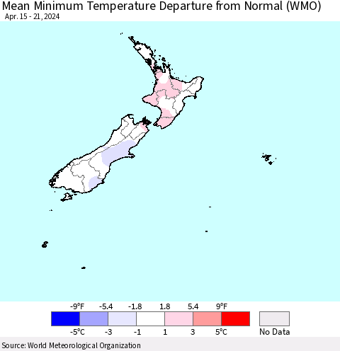 New Zealand Mean Minimum Temperature Departure from Normal (WMO) Thematic Map For 4/15/2024 - 4/21/2024