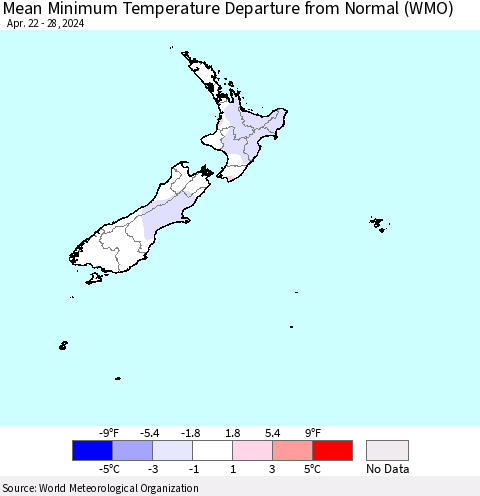 New Zealand Mean Minimum Temperature Departure from Normal (WMO) Thematic Map For 4/22/2024 - 4/28/2024