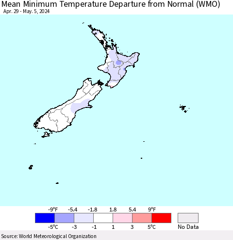 New Zealand Mean Minimum Temperature Departure from Normal (WMO) Thematic Map For 4/29/2024 - 5/5/2024
