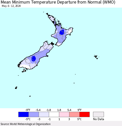 New Zealand Mean Minimum Temperature Departure from Normal (WMO) Thematic Map For 5/6/2024 - 5/12/2024