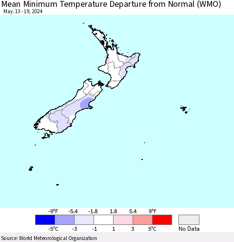 New Zealand Mean Minimum Temperature Departure from Normal (WMO) Thematic Map For 5/13/2024 - 5/19/2024