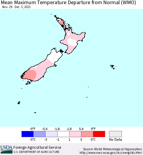 New Zealand Mean Maximum Temperature Departure from Normal (WMO) Thematic Map For 11/29/2021 - 12/5/2021