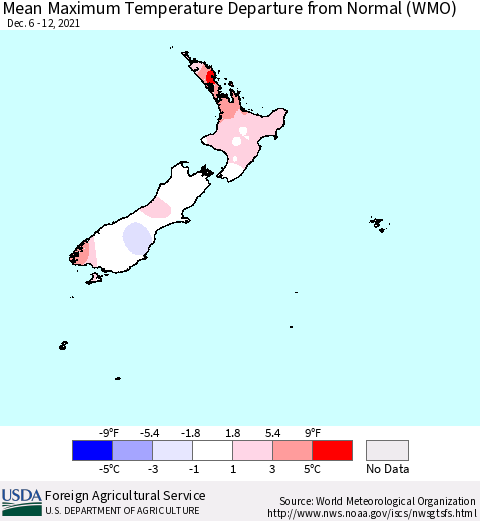 New Zealand Mean Maximum Temperature Departure from Normal (WMO) Thematic Map For 12/6/2021 - 12/12/2021