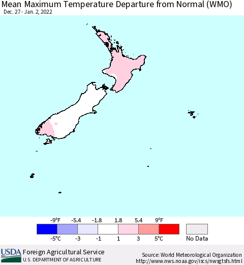 New Zealand Mean Maximum Temperature Departure from Normal (WMO) Thematic Map For 12/27/2021 - 1/2/2022