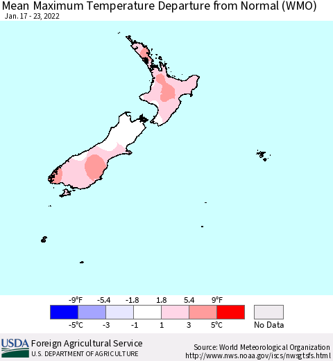 New Zealand Mean Maximum Temperature Departure from Normal (WMO) Thematic Map For 1/17/2022 - 1/23/2022