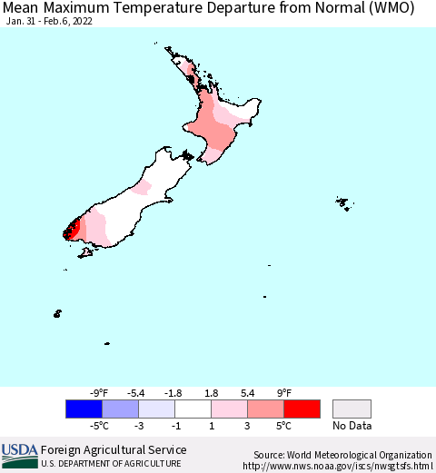 New Zealand Mean Maximum Temperature Departure from Normal (WMO) Thematic Map For 1/31/2022 - 2/6/2022