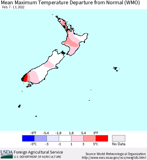 New Zealand Mean Maximum Temperature Departure from Normal (WMO) Thematic Map For 2/7/2022 - 2/13/2022