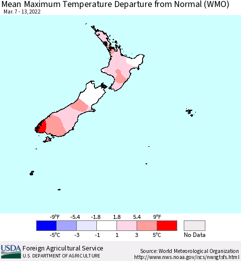 New Zealand Mean Maximum Temperature Departure from Normal (WMO) Thematic Map For 3/7/2022 - 3/13/2022
