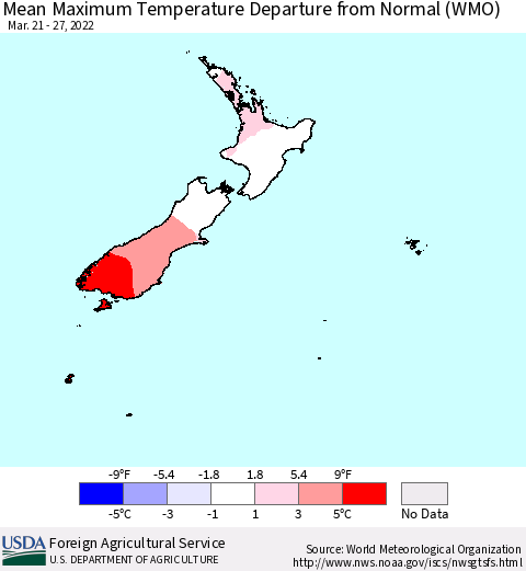 New Zealand Mean Maximum Temperature Departure from Normal (WMO) Thematic Map For 3/21/2022 - 3/27/2022