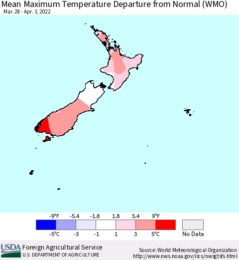 New Zealand Mean Maximum Temperature Departure from Normal (WMO) Thematic Map For 3/28/2022 - 4/3/2022