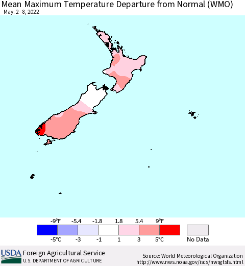New Zealand Mean Maximum Temperature Departure from Normal (WMO) Thematic Map For 5/2/2022 - 5/8/2022