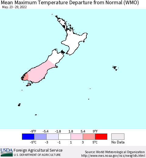 New Zealand Mean Maximum Temperature Departure from Normal (WMO) Thematic Map For 5/23/2022 - 5/29/2022