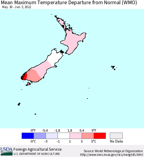 New Zealand Mean Maximum Temperature Departure from Normal (WMO) Thematic Map For 5/30/2022 - 6/5/2022