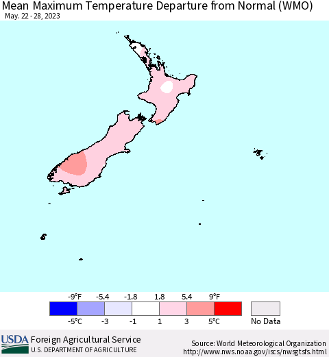 New Zealand Mean Maximum Temperature Departure from Normal (WMO) Thematic Map For 5/22/2023 - 5/28/2023