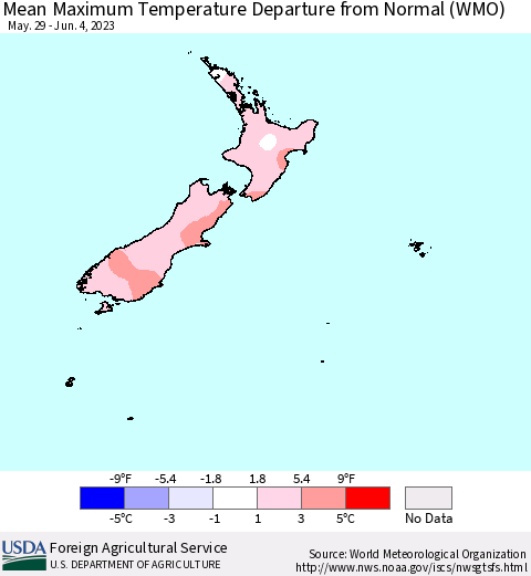 New Zealand Mean Maximum Temperature Departure from Normal (WMO) Thematic Map For 5/29/2023 - 6/4/2023