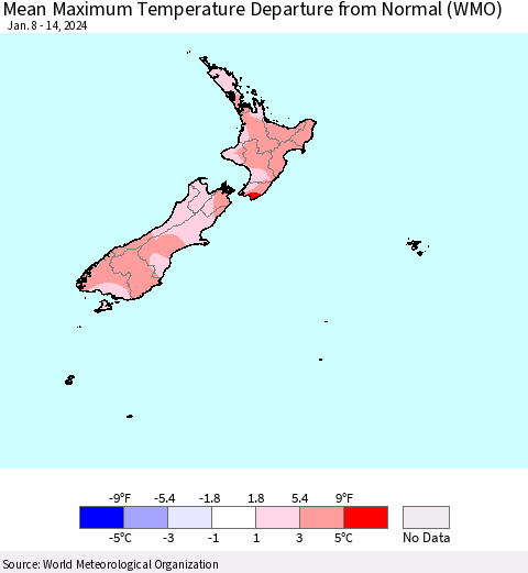 New Zealand Mean Maximum Temperature Departure from Normal (WMO) Thematic Map For 1/8/2024 - 1/14/2024