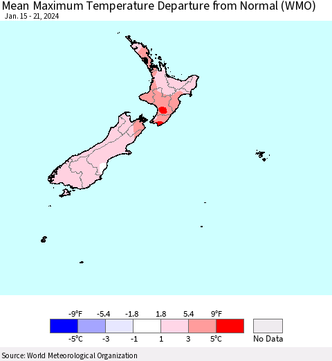 New Zealand Mean Maximum Temperature Departure from Normal (WMO) Thematic Map For 1/15/2024 - 1/21/2024