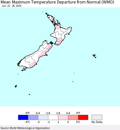 New Zealand Mean Maximum Temperature Departure from Normal (WMO) Thematic Map For 1/22/2024 - 1/28/2024