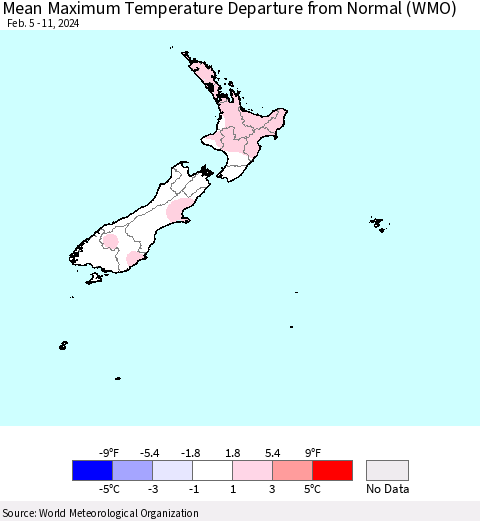 New Zealand Mean Maximum Temperature Departure from Normal (WMO) Thematic Map For 2/5/2024 - 2/11/2024