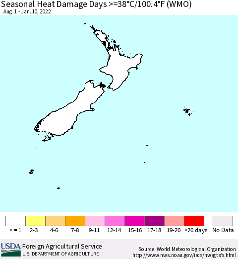 New Zealand Seasonal Heat Damage Days >=38°C/100°F (WMO) Thematic Map For 8/1/2021 - 1/10/2022