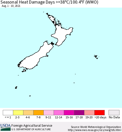 New Zealand Seasonal Heat Damage Days >=38°C/100°F (WMO) Thematic Map For 8/1/2021 - 8/10/2021