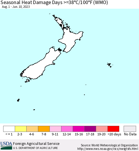 New Zealand Seasonal Heat Damage Days >=38°C/100°F (WMO) Thematic Map For 8/1/2022 - 1/10/2023