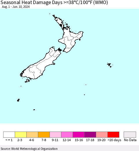 New Zealand Seasonal Heat Damage Days >=38°C/100°F (WMO) Thematic Map For 8/1/2023 - 1/10/2024